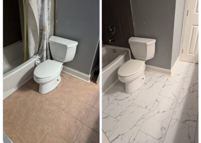 Before and after toilet install after new flooring installed